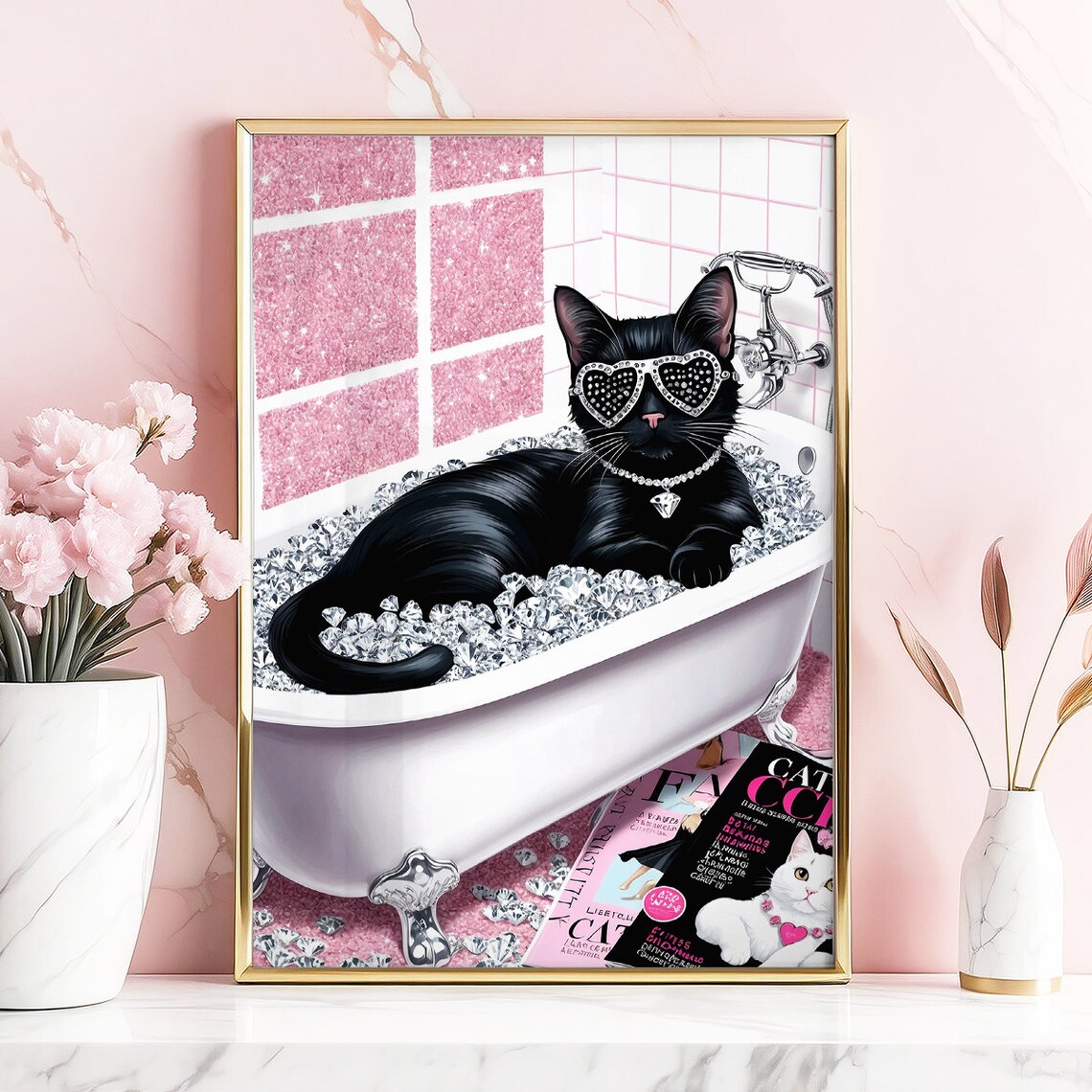 Black Cat Diamond Bath Glam Luxury Funny Bathroom Photo Poster - Image 2