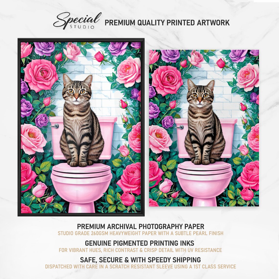 Tabby Cat On Pink Toilet Surrounded By Pink And Purple Roses Poster - Image 4