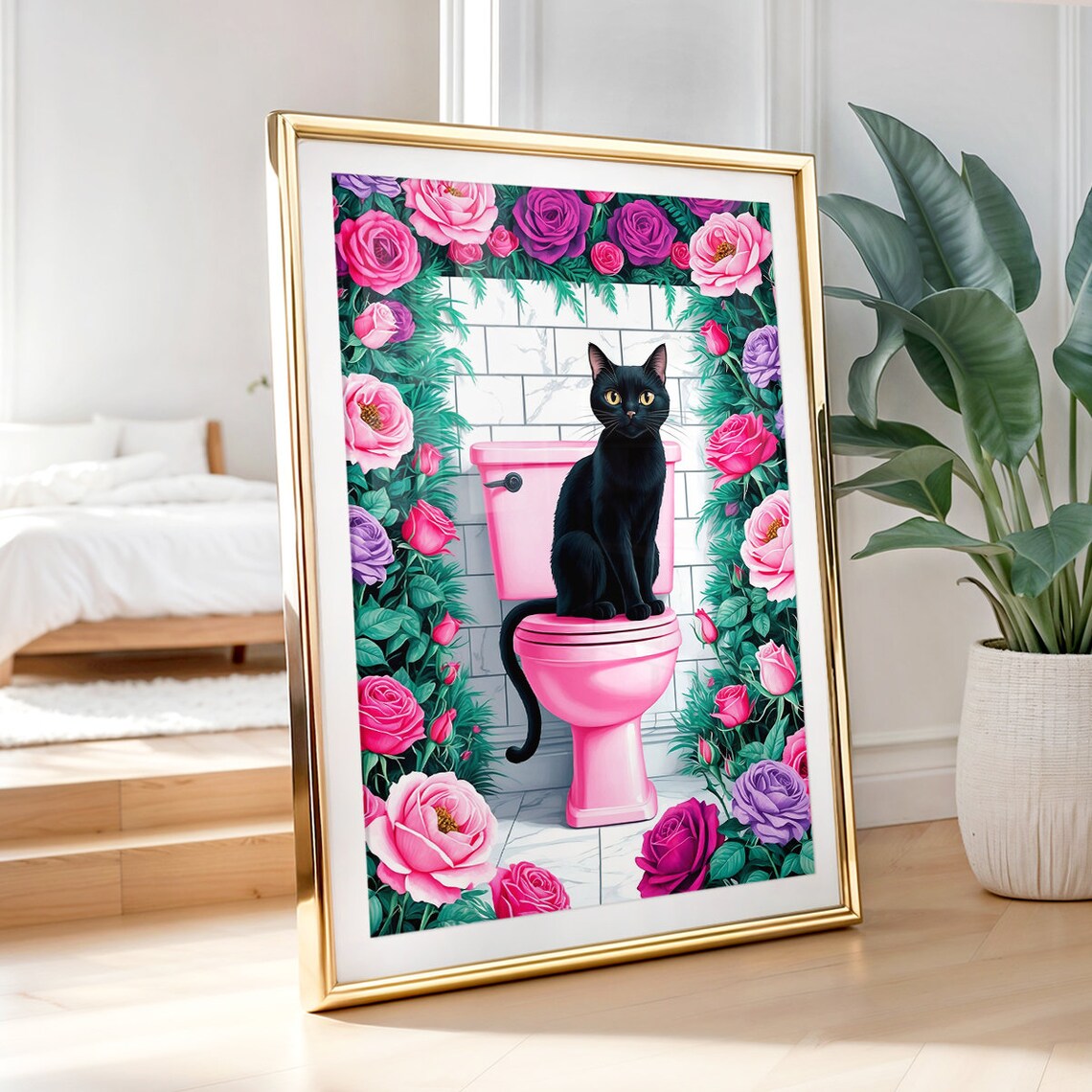 Funny Black Cat On Pink Toilet With Pink Rose Garden Frame Poster