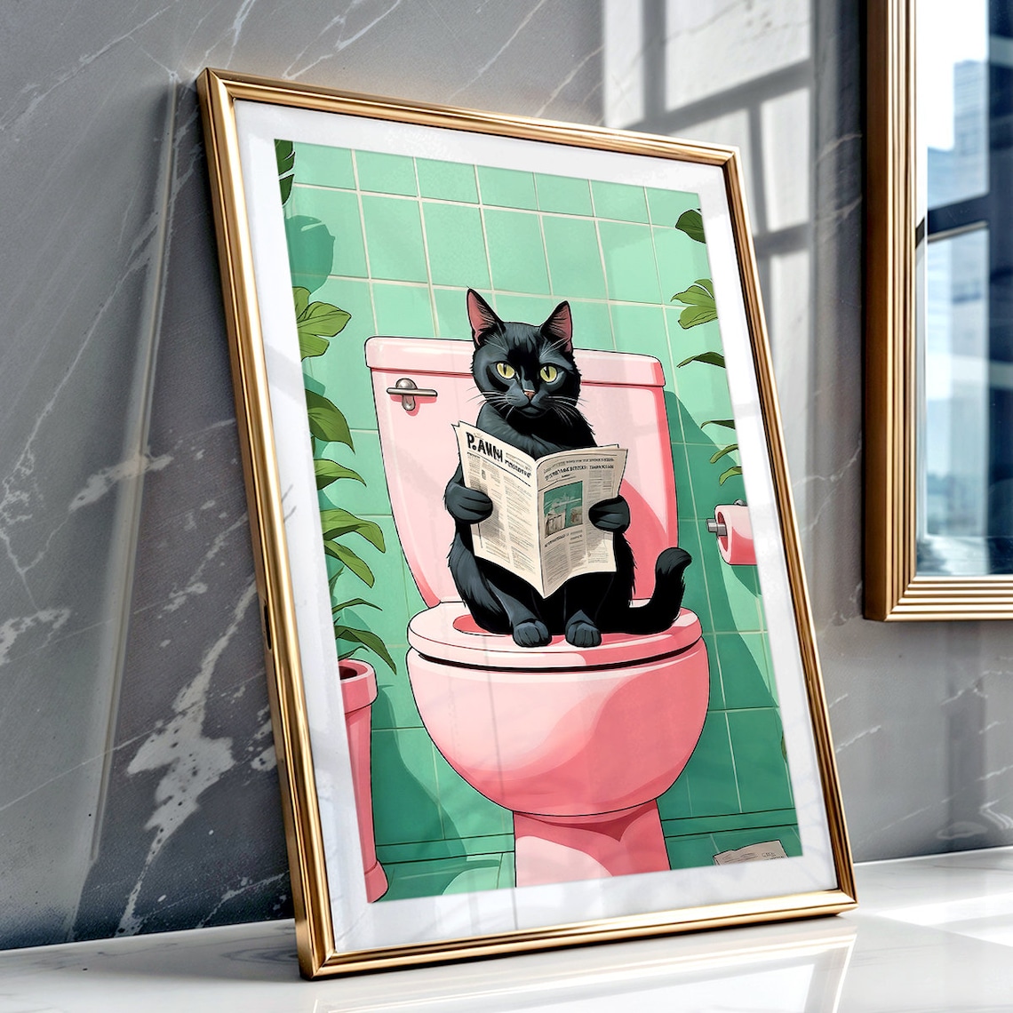 Black Cat On Pink Toilet Reading Newspaper Retro Bathroom Poster - Image 4