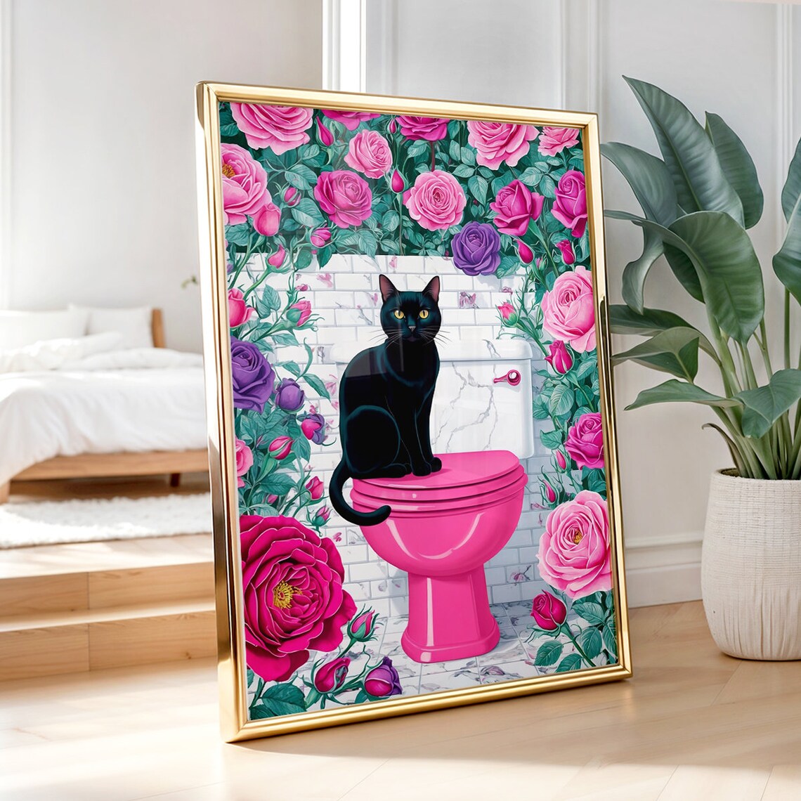 Black Cat Sitting On Pink Toilet Surrounded By Roses Bathroom Poster - Image 2