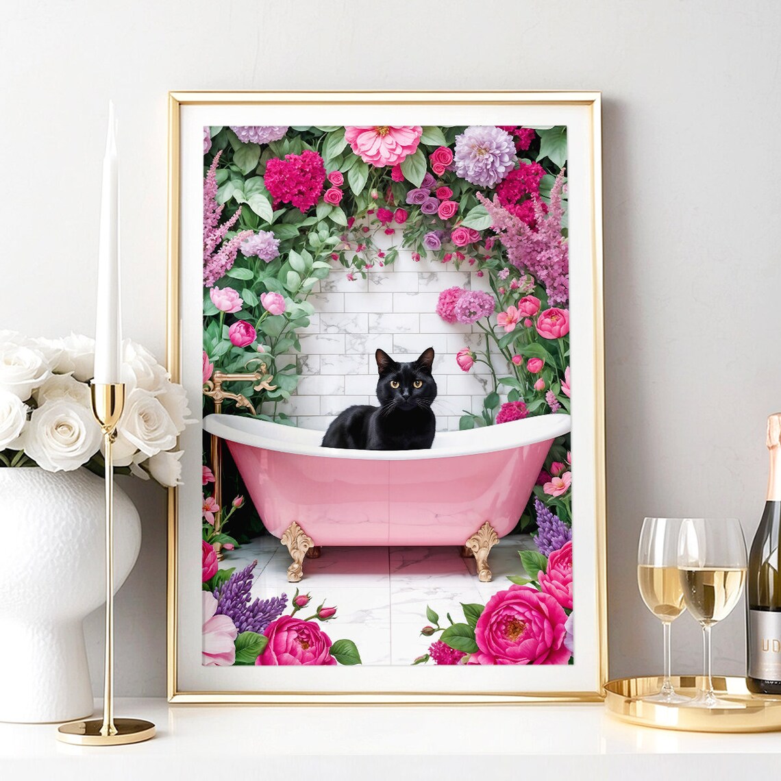 Black Cat Pink Clawfoot Tub Blooming Floral Garden Bathroom Poster - Image 4