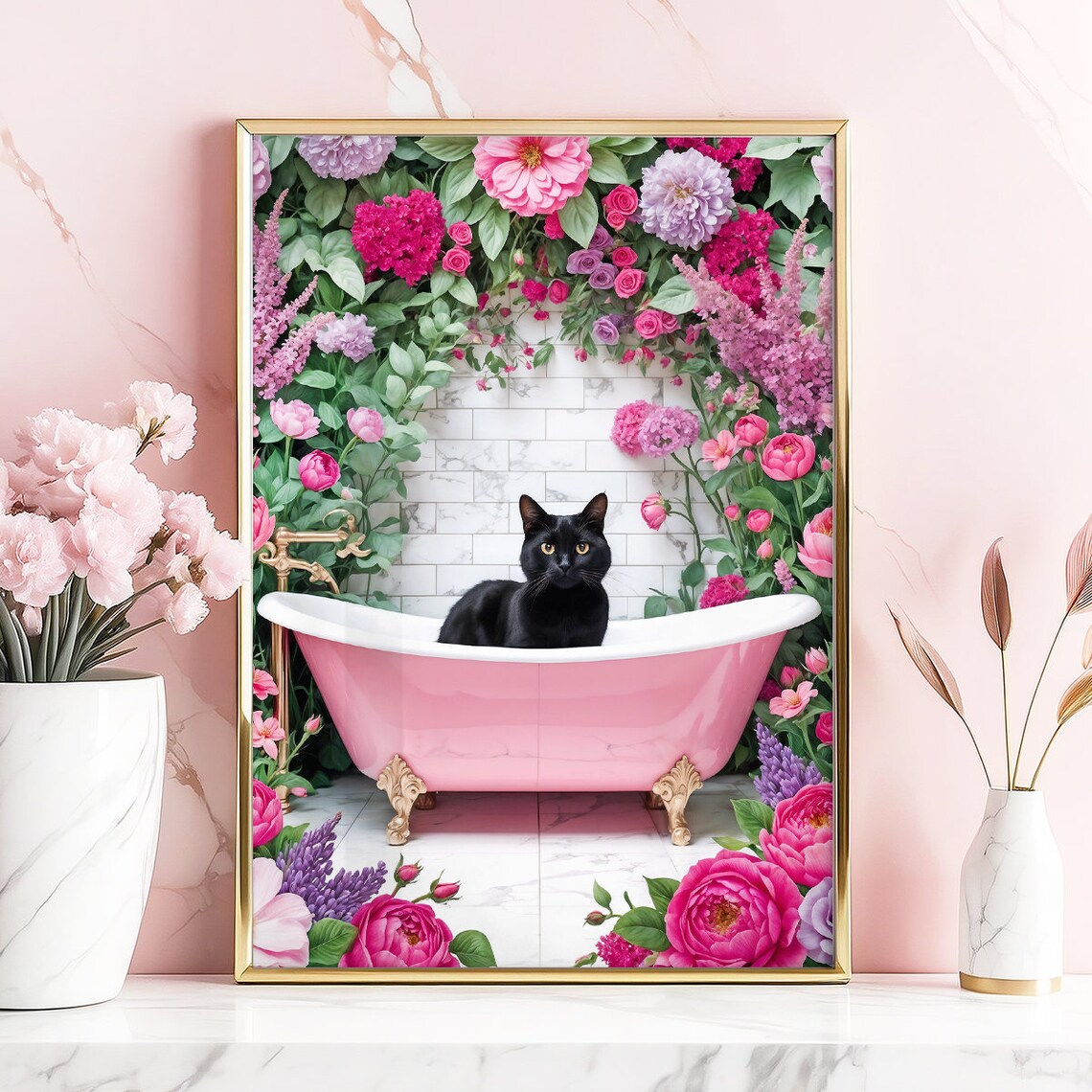 Black Cat Pink Clawfoot Tub Blooming Floral Garden Bathroom Poster - Image 2