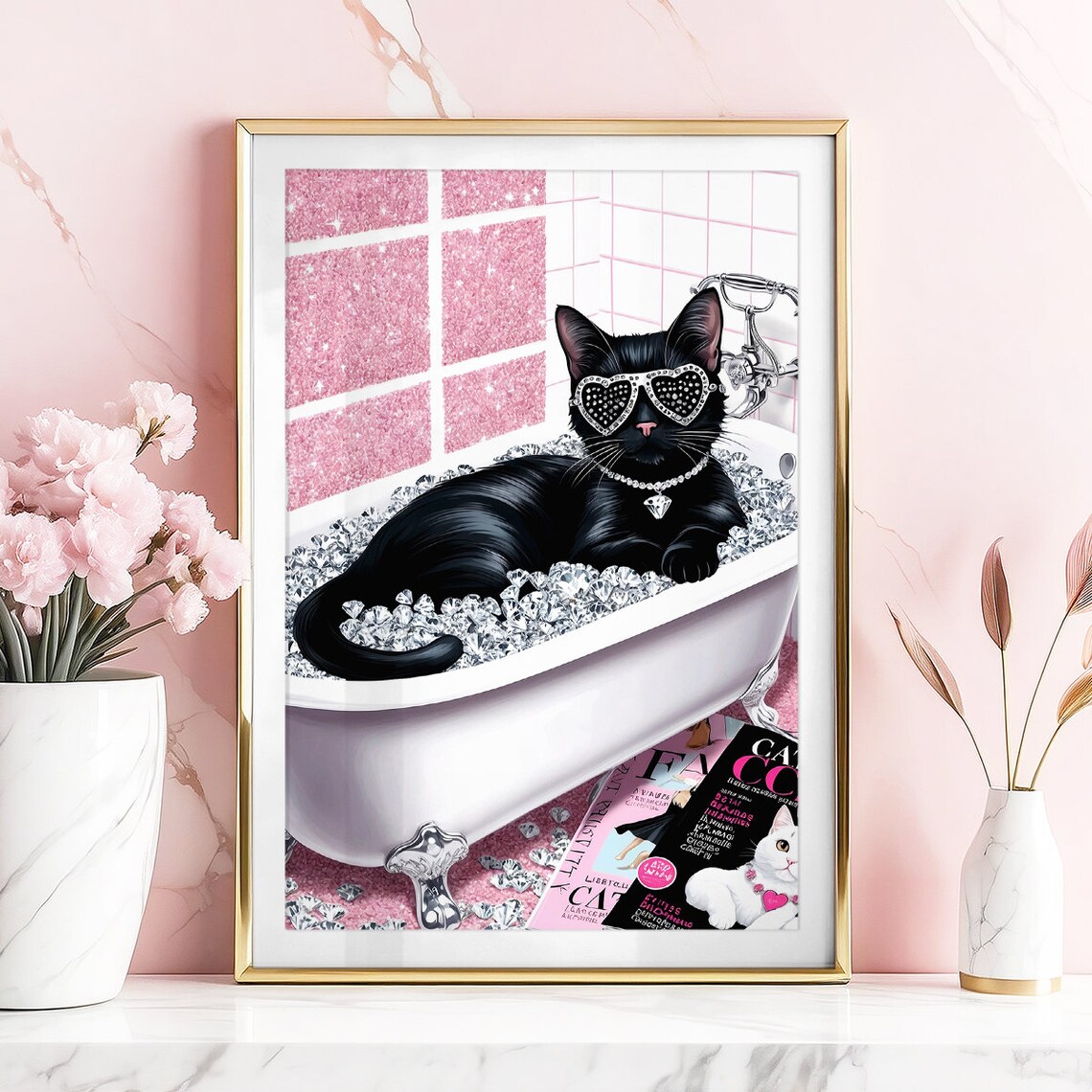 Black Cat Diamond Bath Glam Luxury Funny Bathroom Photo Poster - Image 5