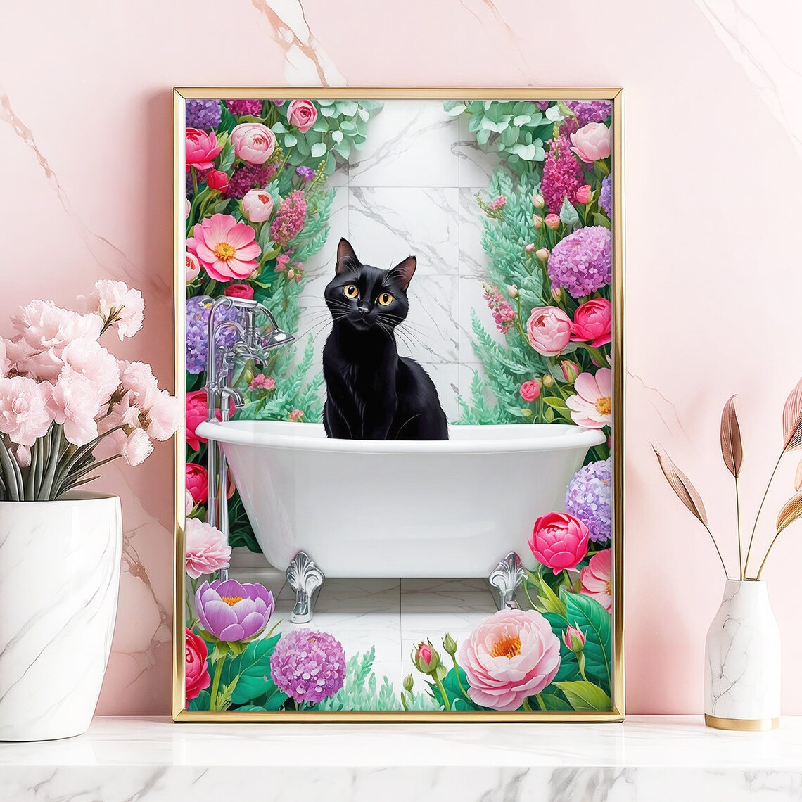 Black Cat White Bathtub Floral Arch Cute Bathroom Decor Poster - Image 5
