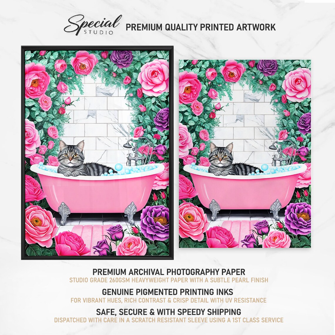 Grey Tabby Cat Relaxing In Pink Bubble Bath With Roses Poster - Image 4