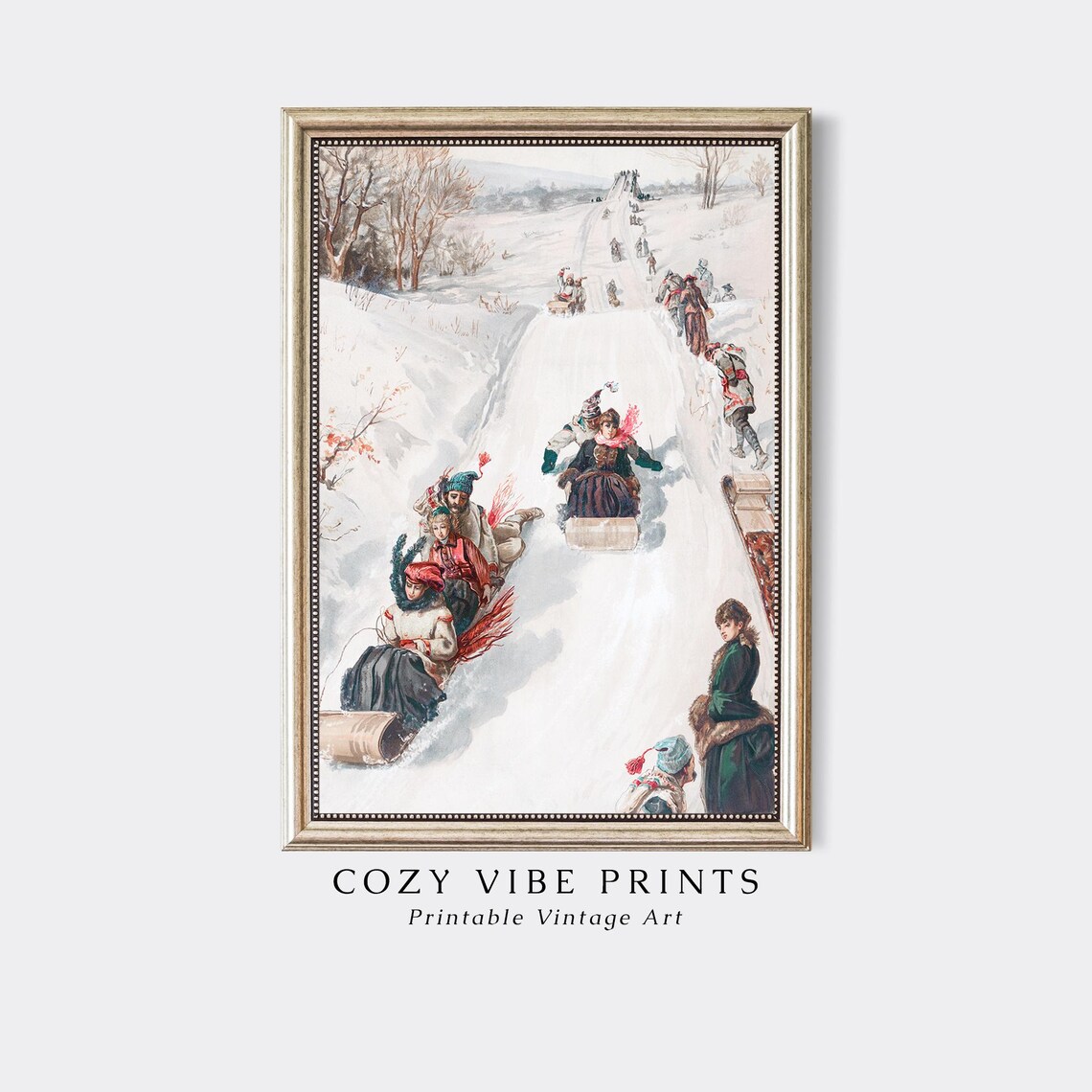 Victorian People Sledding Snowy Hill Vintage Winter Fun Poster - Image 4
