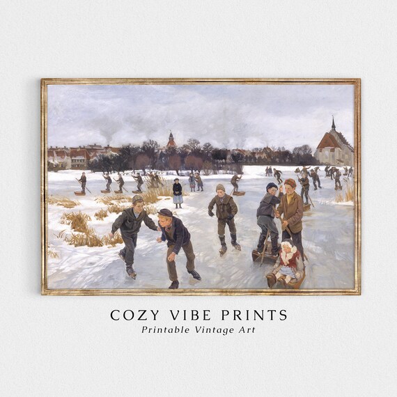 Vintage Children Ice Skating On Frozen Pond Winter Fun Painting Poster