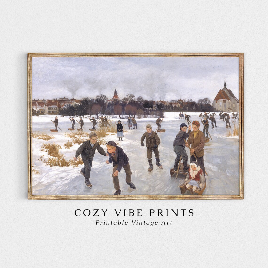 Vintage Children Ice Skating On Frozen Pond Winter Fun Painting Poster