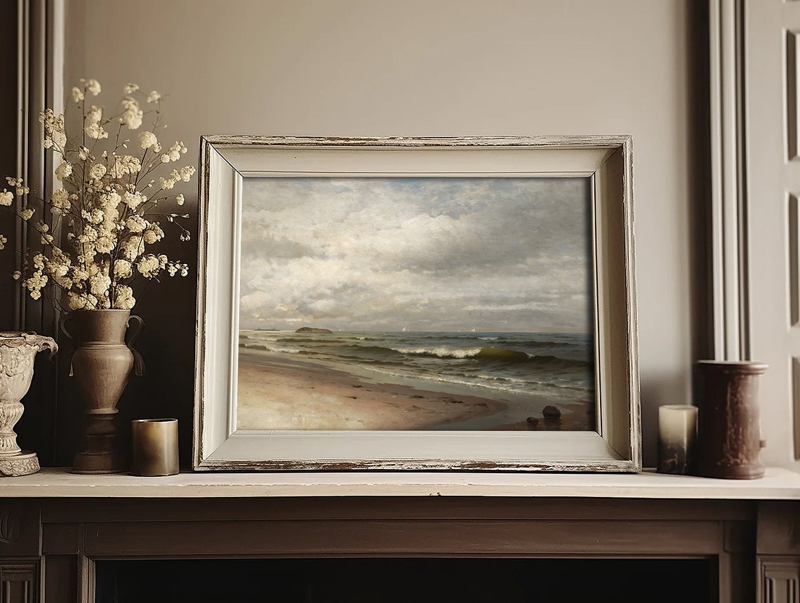 Ocean Waves Beach Vintage Seascape Cloudy Sky Antique Painting Poster - Image 4
