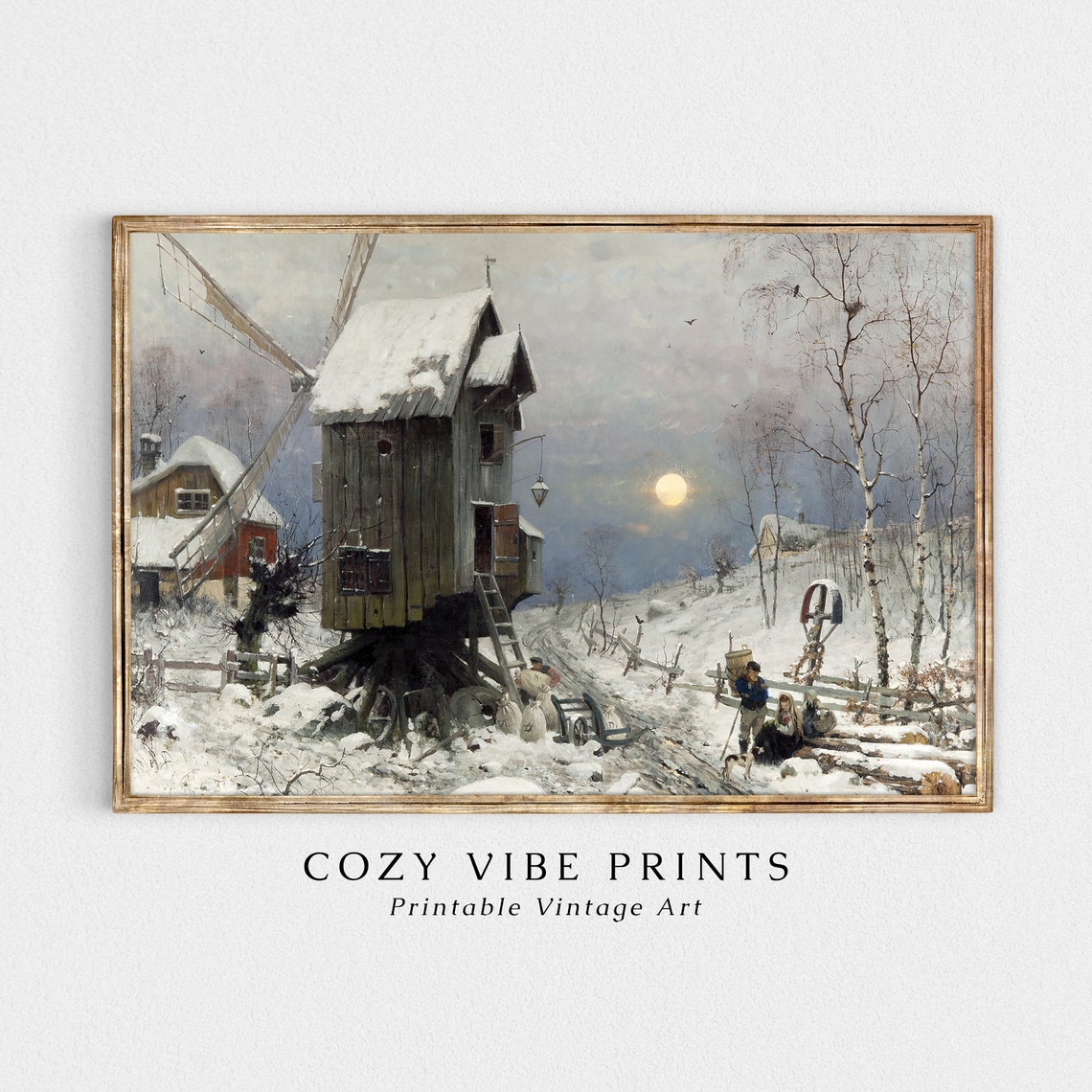 Snow Covered Windmill at Moonrise Vintage Winter Village Scene Poster - Image 2