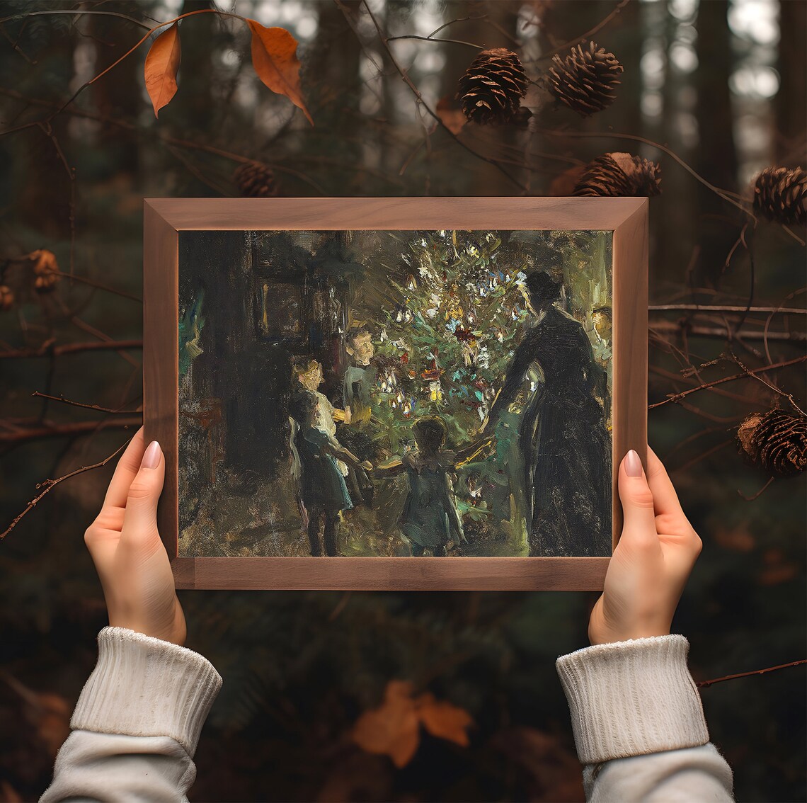 Family Around the Christmas Tree Dark Vintage Oil Painting Wall Art - Image 3