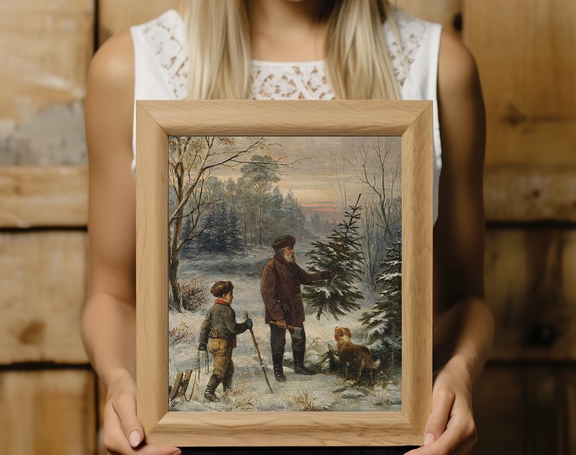 Family Bringing Home the Christmas Tree Vintage Winter Painting Poster - Image 3