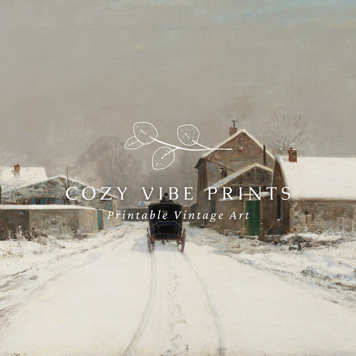 Vintage Horse Drawn Carriage On Snowy Village Street Winter Poster - Image 2