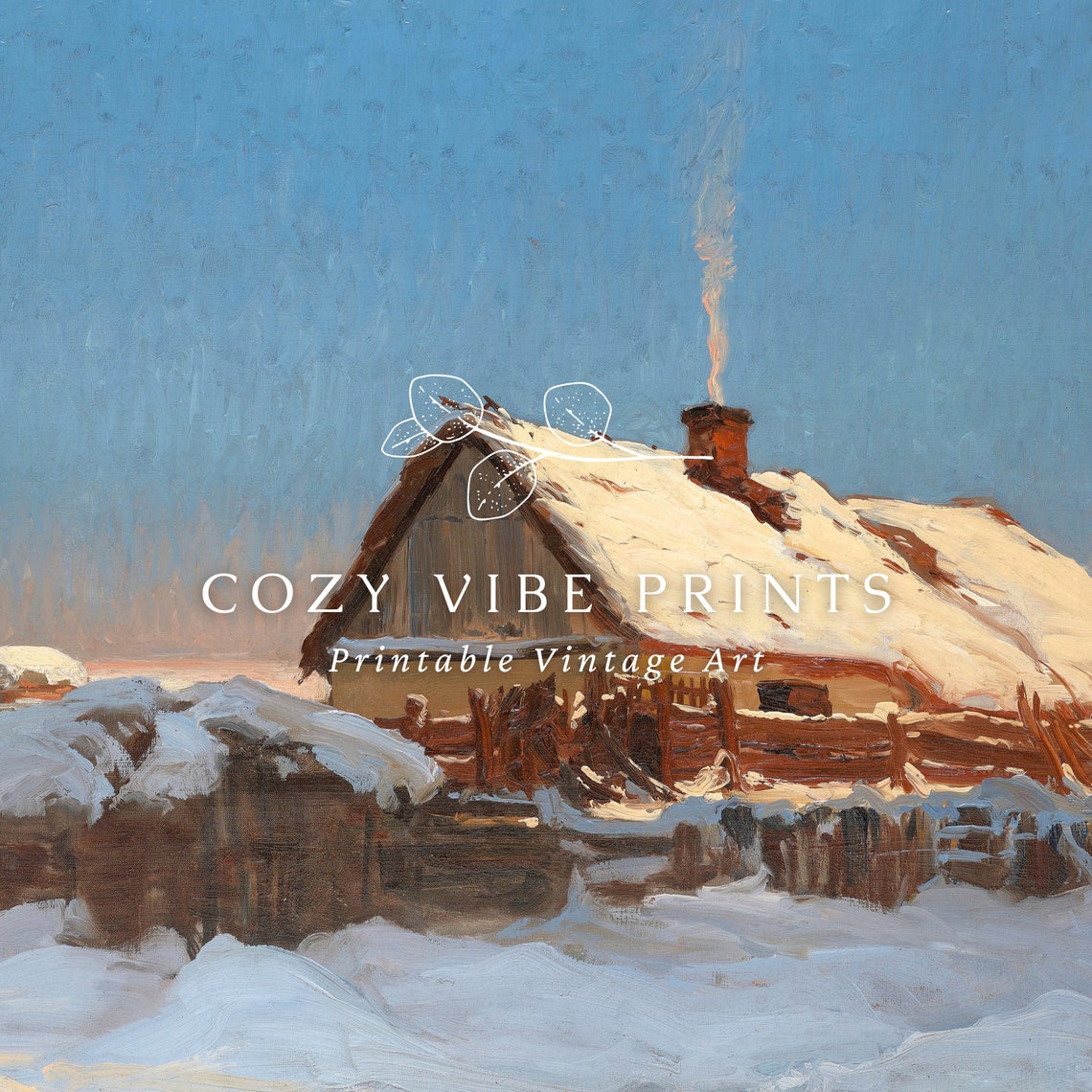 Winter Cabin With Smoking Chimney Snowy Vintage Landscape Wall Art - Image 2