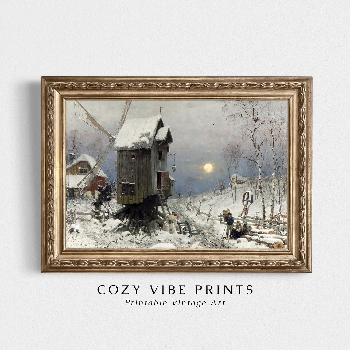 Snow Covered Windmill at Moonrise Vintage Winter Village Scene Poster