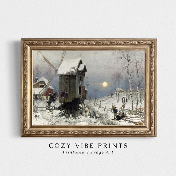 Snow Covered Windmill at Moonrise Vintage Winter Village Scene Poster