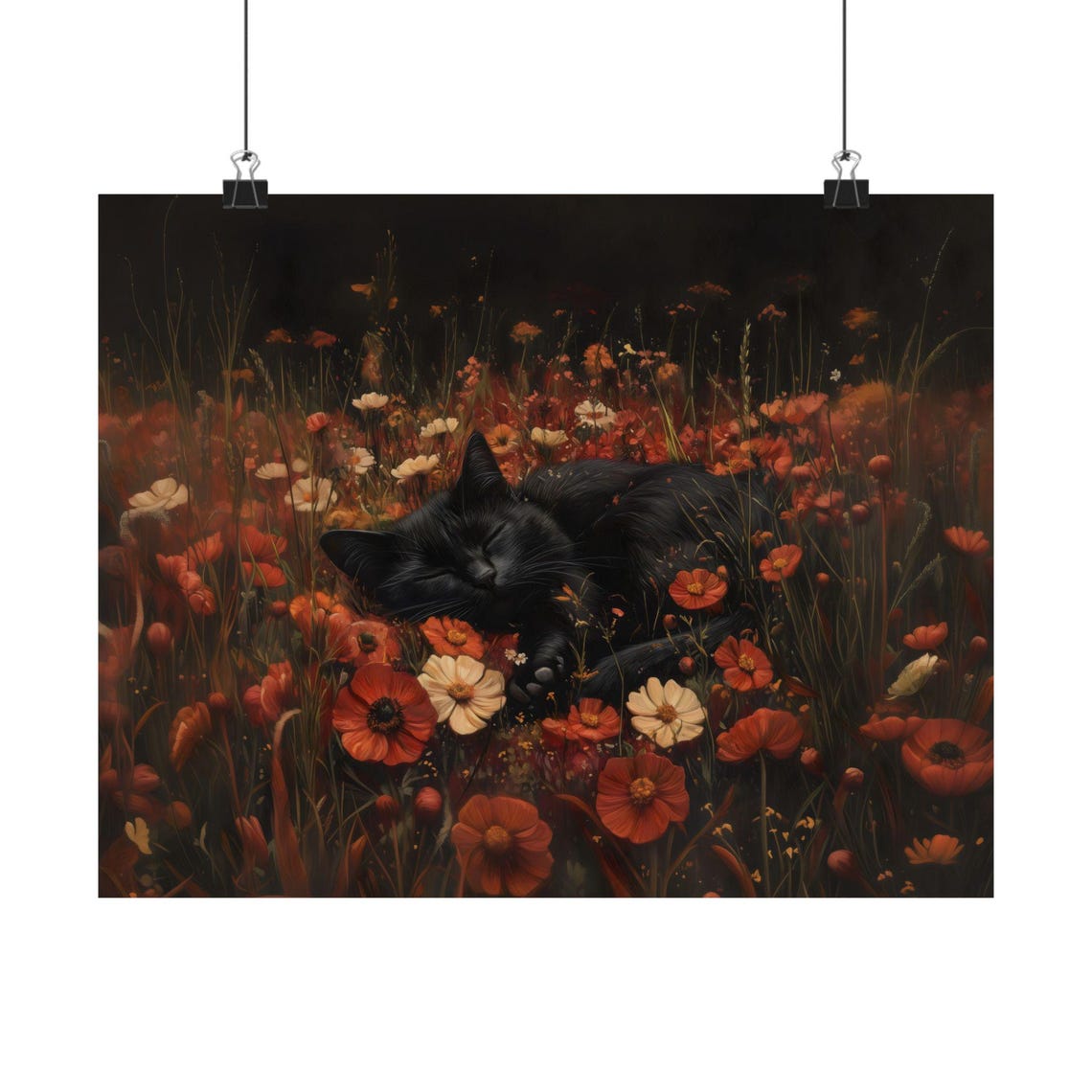 Black Cat Sleeping in Red Poppy Flower Field at Night Poster