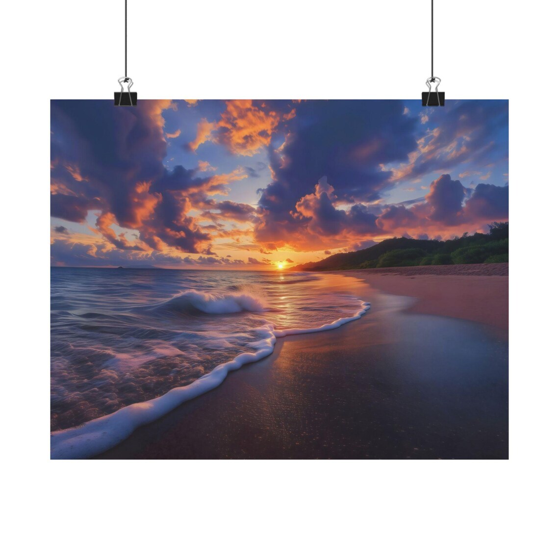 Beach Sunset Golden Hour Waves Ocean Shore Tropical Beach Photography Poster