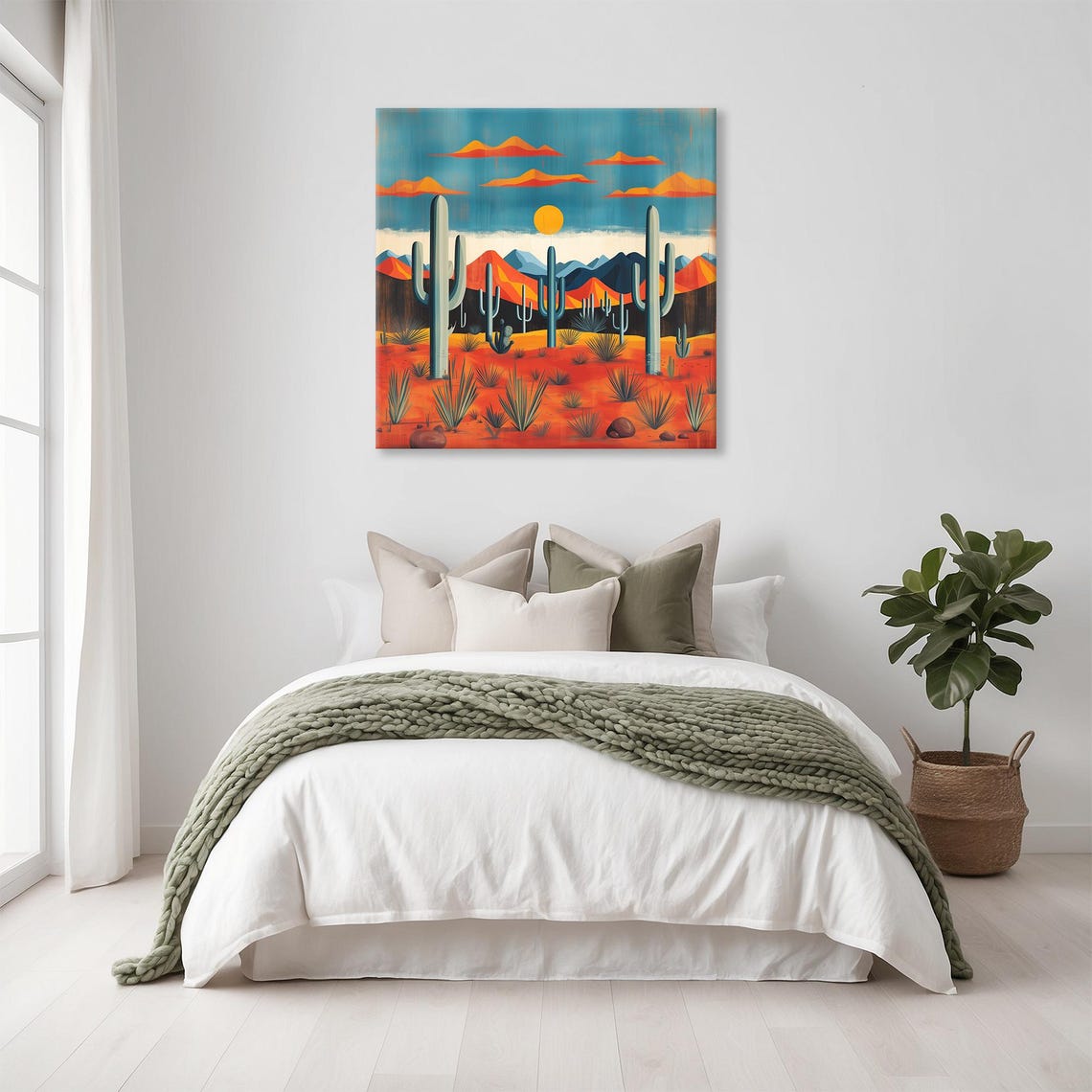 Vibrant Desert Scene Saguaros Mountains And Golden Sun Wall Art