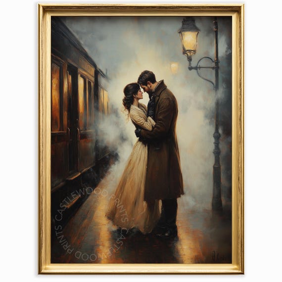 Romantic Victorian Couple Reunion Vintage Train Station Scene Moody Historical Wall Art Decor 754