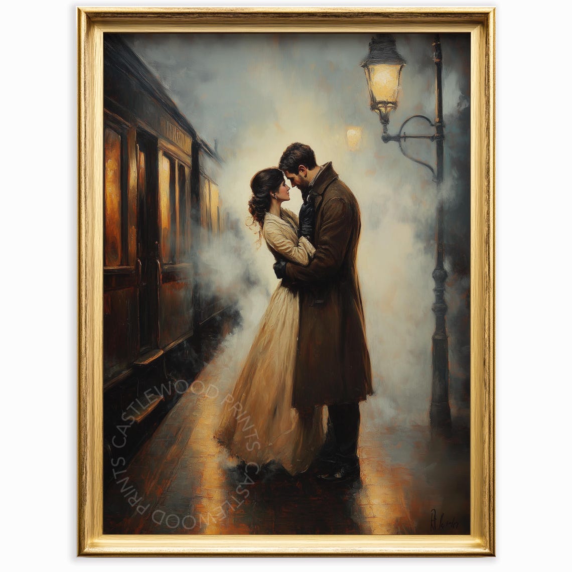 Victorian Couple Reunion at Misty Train Station Romantic Vintage Print