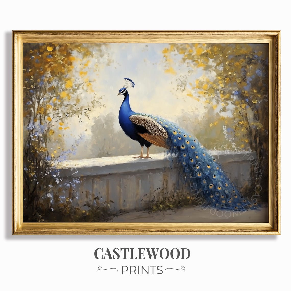 Regal Peacock Draping Its Flowing Tail Over A Stone Balustrade Poster