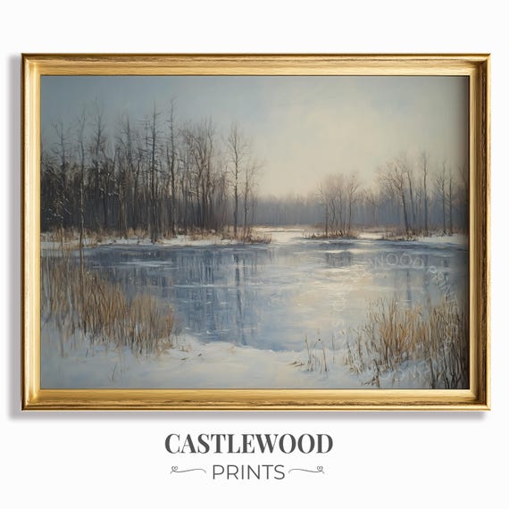 Winter Landscape With Frozen Pond Rustic Bare Trees Scene Tranquil Nature Art Wall Decor Painting 677