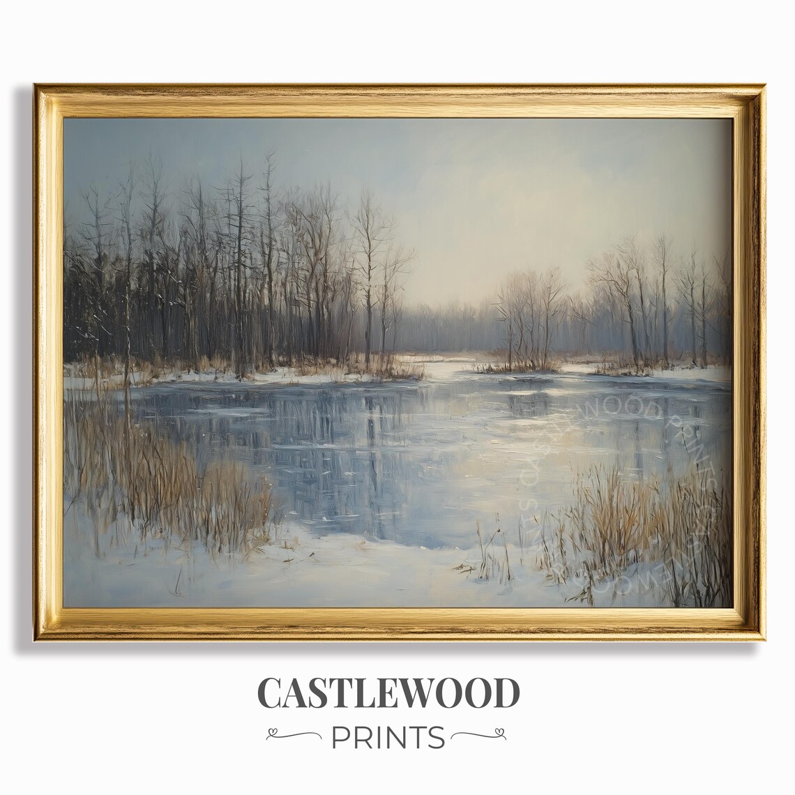 Misty Frozen Pond with Golden Reeds in Soft Winter Light Poster