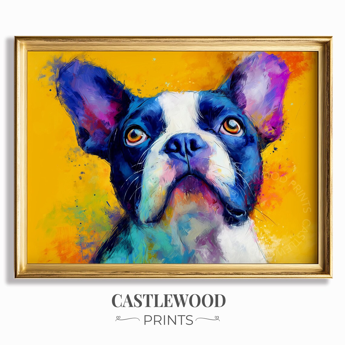Colorful French Bulldog Portrait on Yellow Oil Painting Poster