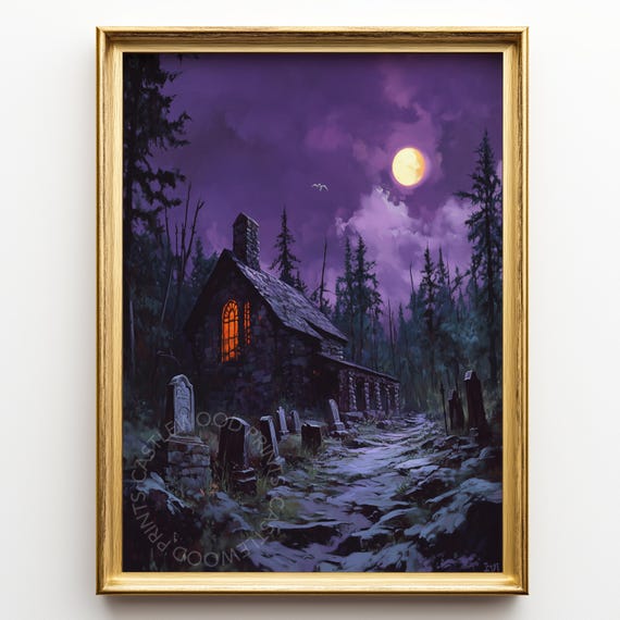 Moonlit Spooky Graveyard Haunted Cabin Oil Painting Halloween Wall Art Eerie Night Landscape Gothic Decor Print 207