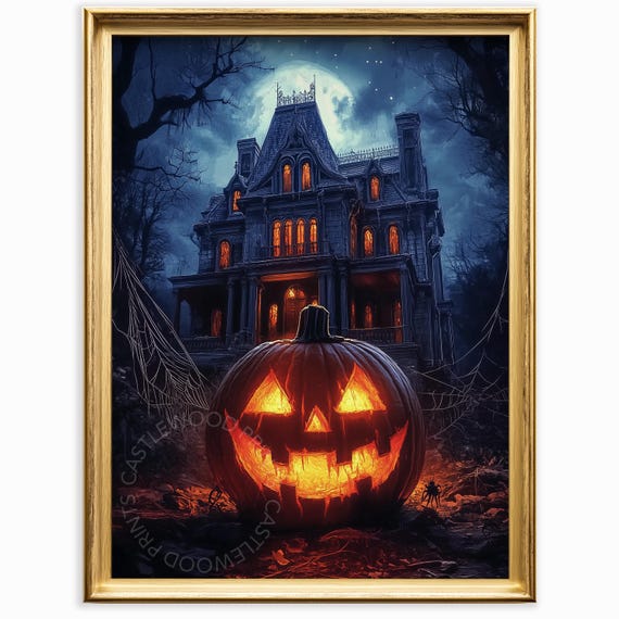 Spooky Halloween Haunted House Eerie Pumpkin Gothic Night Scene Art Wall Decor Vintage Style Print 1066