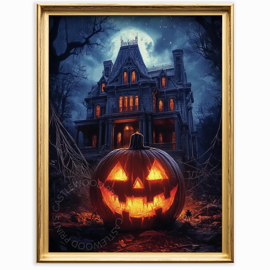 Spooky Haunted House Glowing Pumpkin Night Vintage Gothic Poster