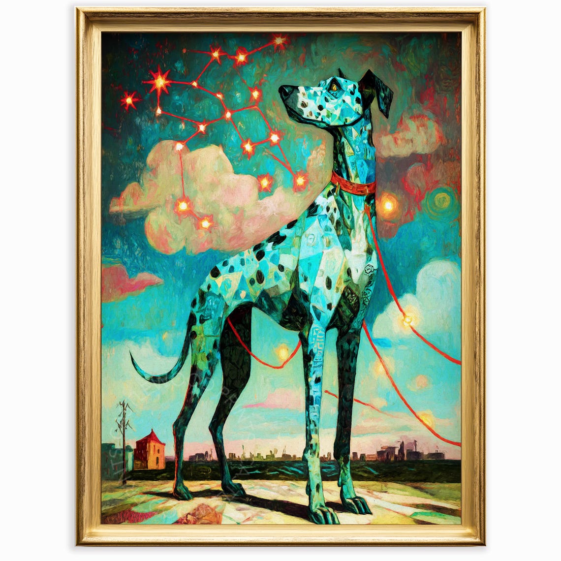 Dalmatian Dog Under Starry Constellation Night Sky Surreal Art Poster