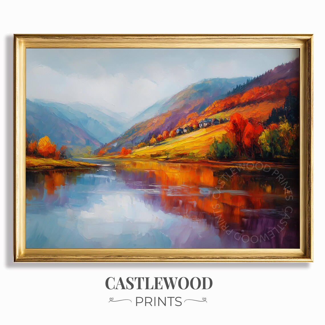 Autumn Hillside Lake Sunset Reflection Oil Painting Poster Rustic Fall Art