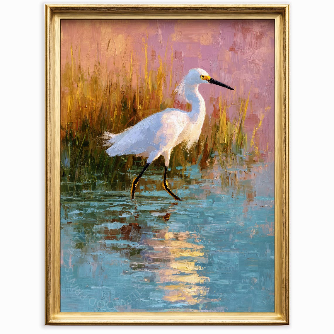 Snowy Egret Wading at Sunset with Golden Reeds Coastal Art Poster