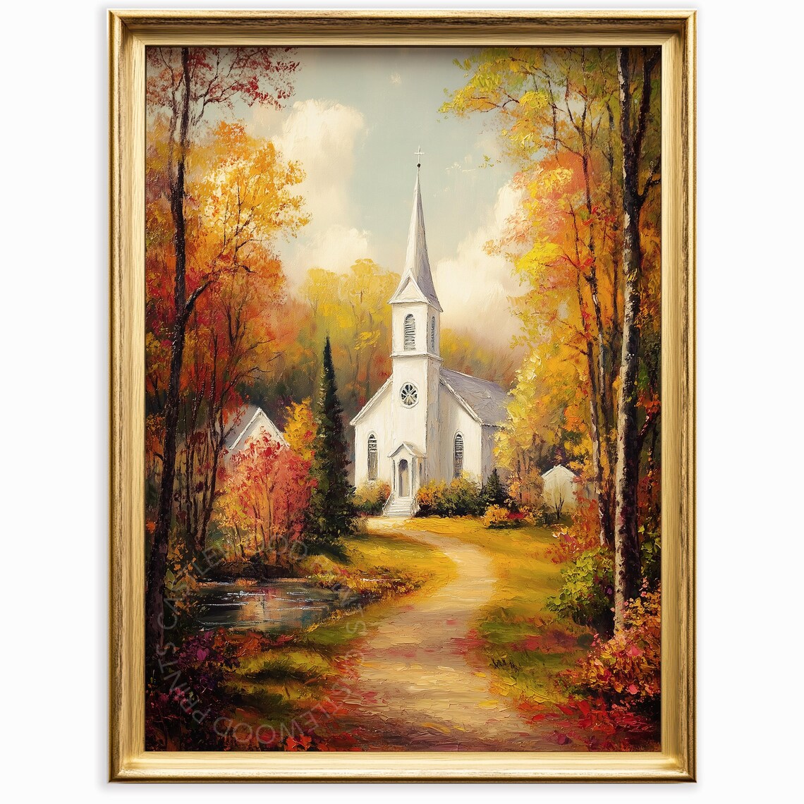 White Country Church with Tall Steeple in Autumn Woods Art Print