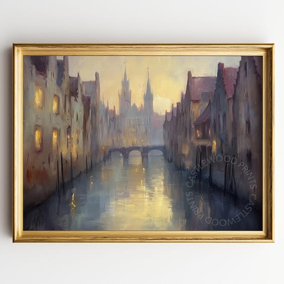 Bruges Canal Oil Painting Vintage Winter Scene Street View Art Wall Rustic European Decor Moody Evening Landscape 366