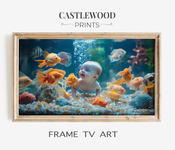 Smiling Baby Underwater with Goldfish Nursery Frame TV Art Poster