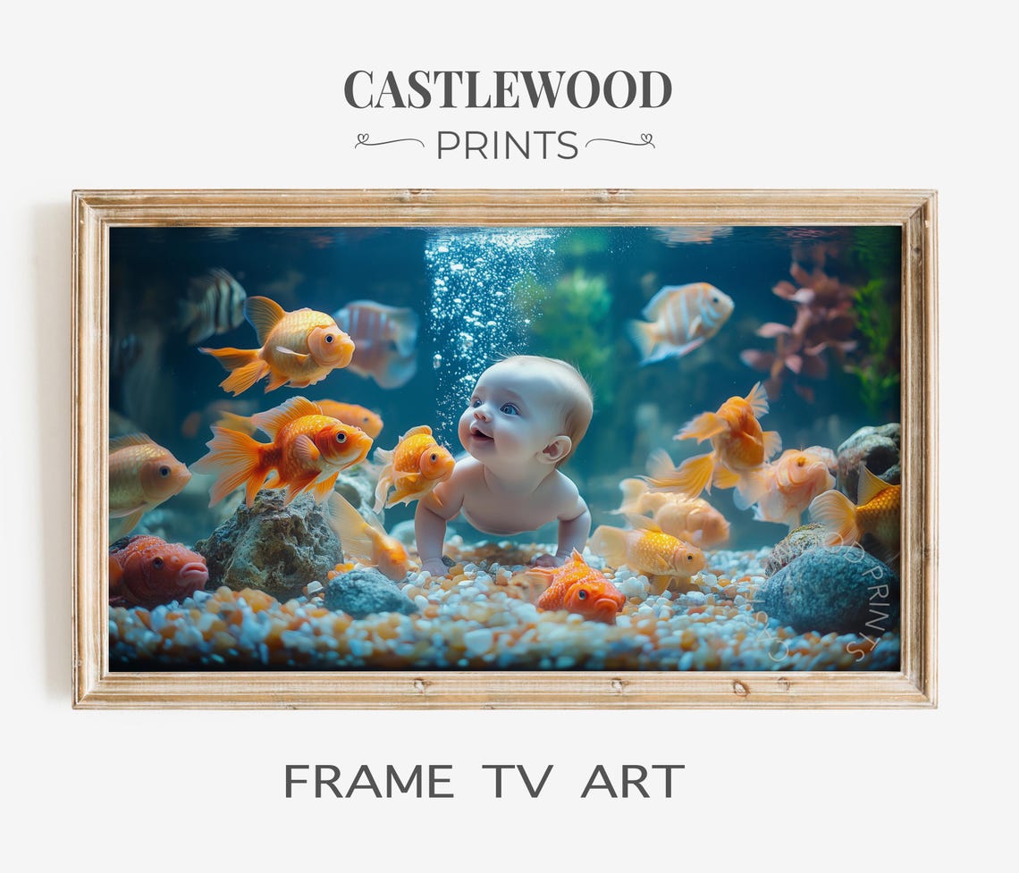 Smiling Baby Underwater with Goldfish Nursery Frame TV Art Poster