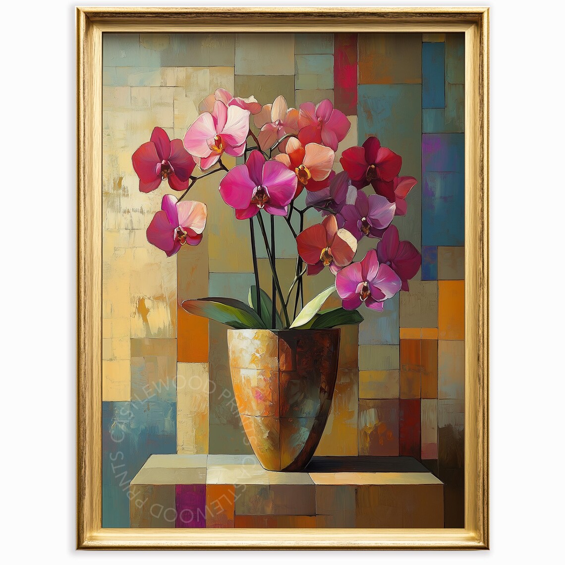Pink Orchids In Bronze Urn Modern Botanical Still Life Painting Poster