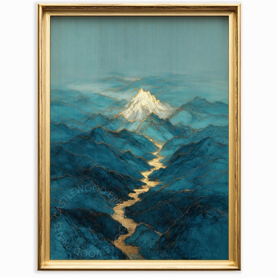 Vintage Mountain River Painting Blue Landscape Art Ancient Scenic Wall Decor Moody Nature Scene 935