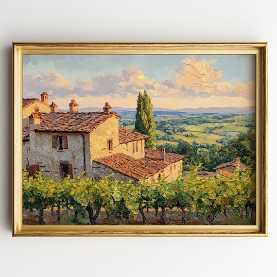 Tuscany Vineyard Farmhouse At Sunset Rustic Italian Countryside Painting Poster