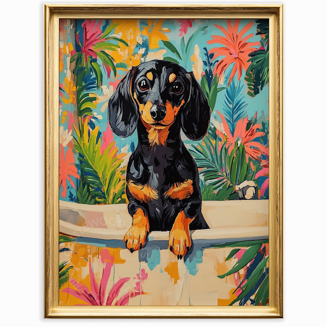 Playful Black Dachshund Bath Time Poster Colorful Tropical Floral Art