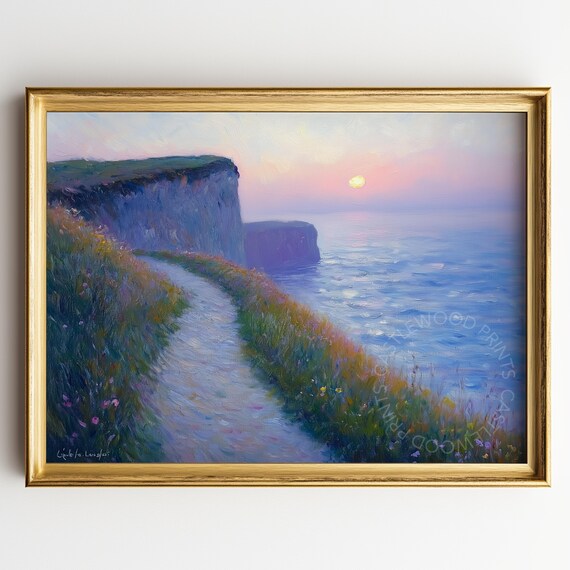 White Cliffs Sunset Glow Coastal Path Ocean View Seascape Painting Poster
