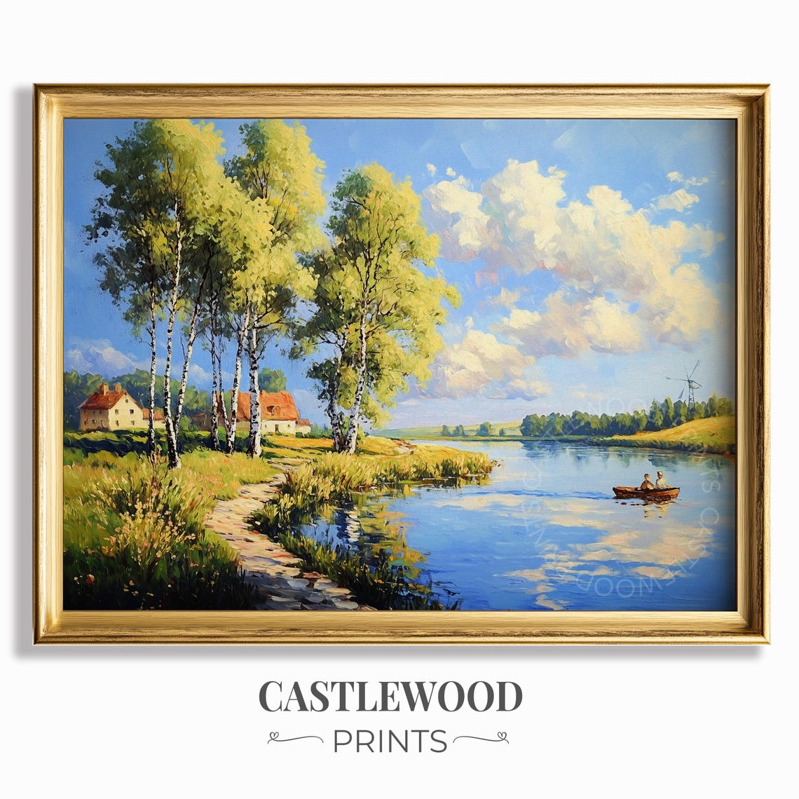 Bright Summer Lakeside with Birch Trees and a Rowboat Poster