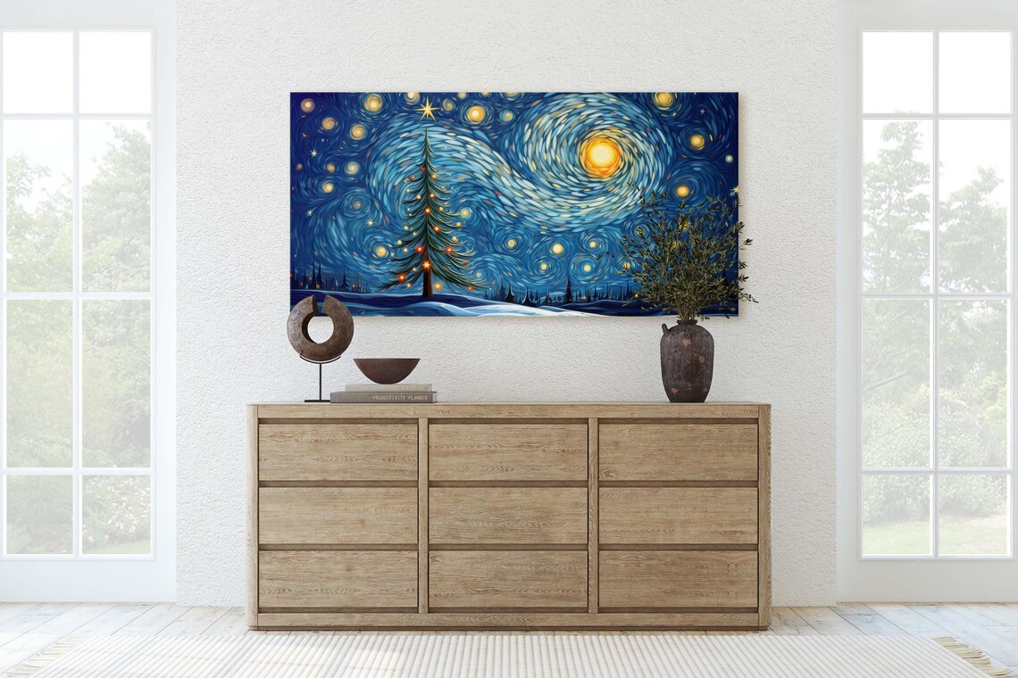 Starry Night Christmas Tree, Winter Decor Art Print - Image 2