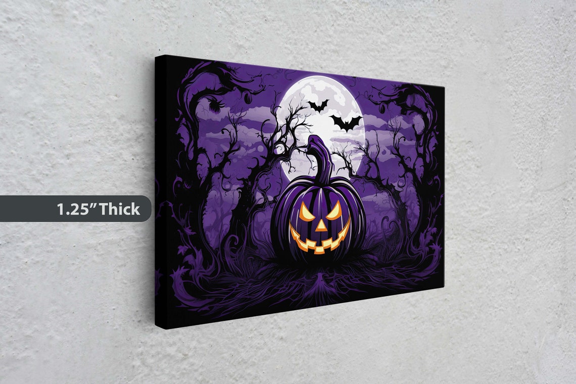 Purple Jack O Lantern Full Moon Bats Spooky Night Halloween Art Poster - Image 3