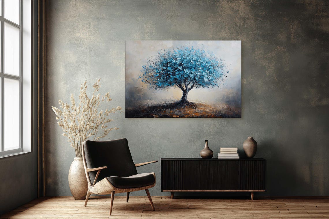 Blue Blossom Tree On Misty Beige Fantasy Floral Wall Art Poster - Image 3