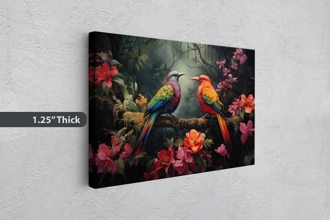 Two Colorful Tropical Birds Flowers Dark Jungle Romantic Art Poster - Image 3